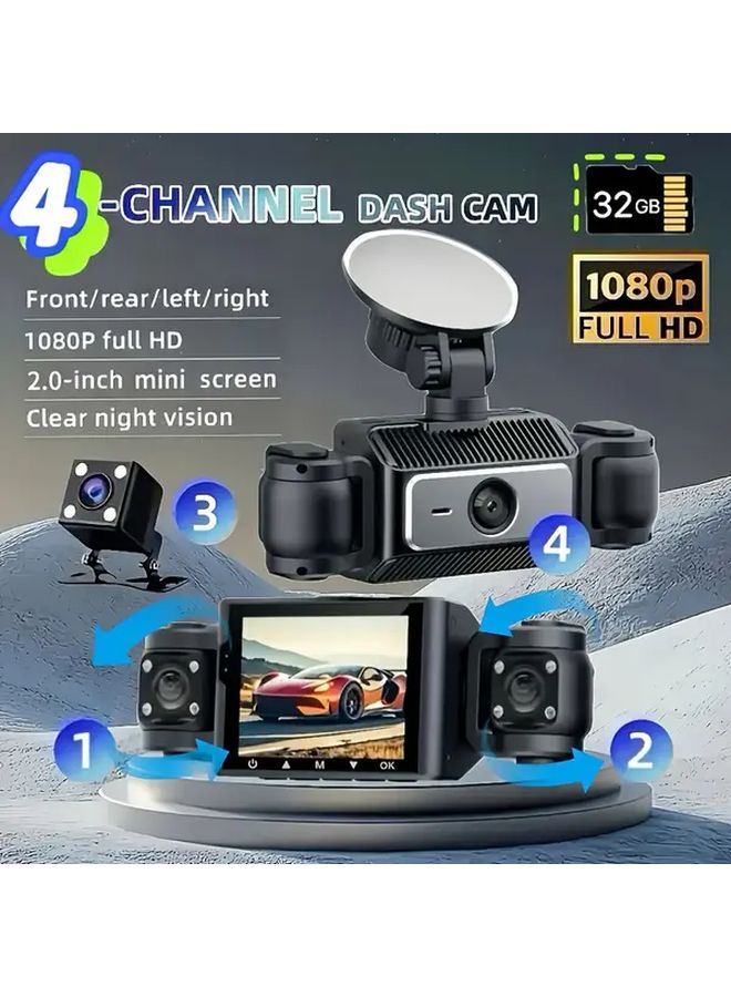 4 Channel Dash Cam 1080P 360 Degree View Front Rear Inside Left Right Cameras 32G Card - Image 1